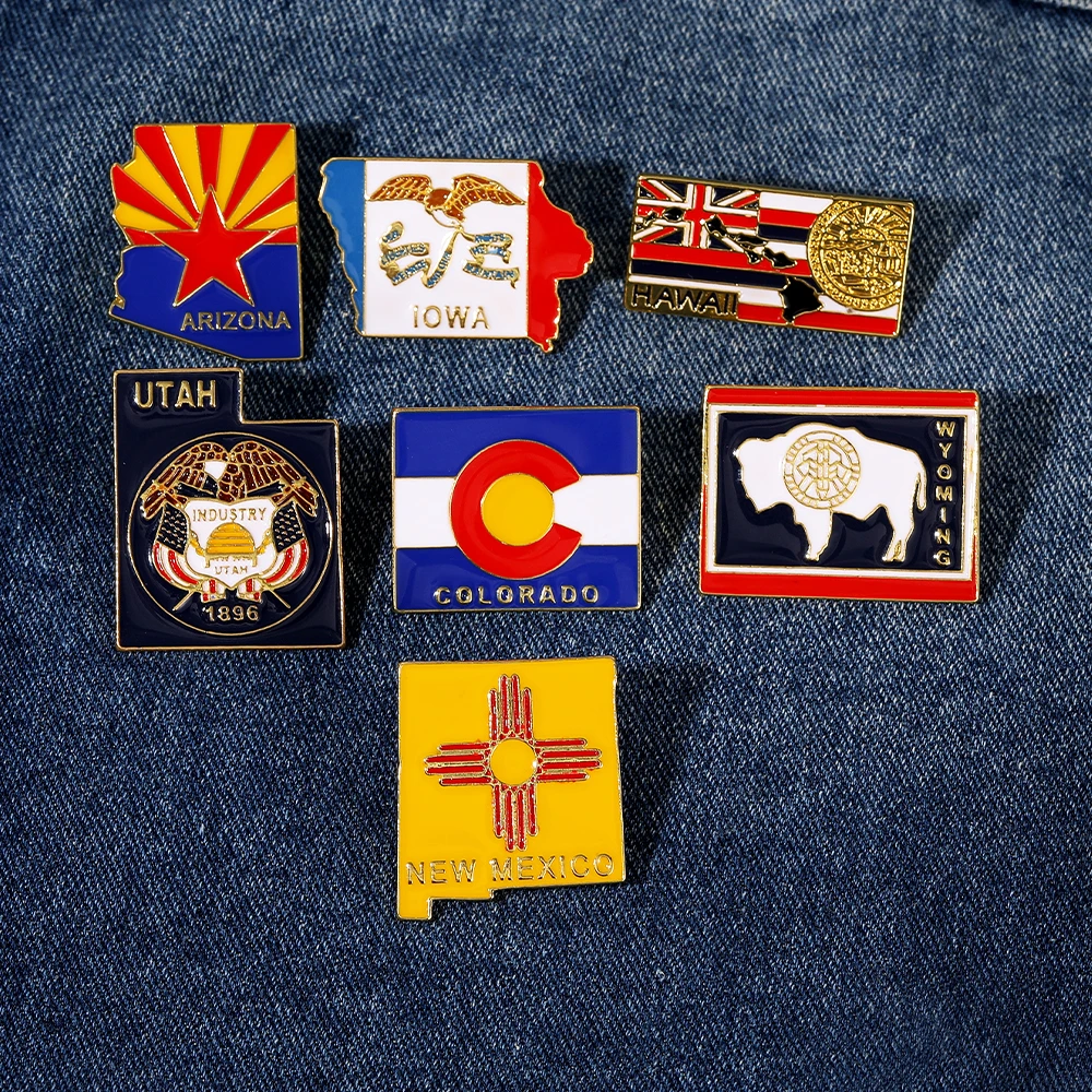 The States Shape Flag Enamel Brooches CALIFORNIA IOWA FLORIDA TEXAS ARIZONA ALABAMA New Jersey State Shaped Map Lapel Metal Pins