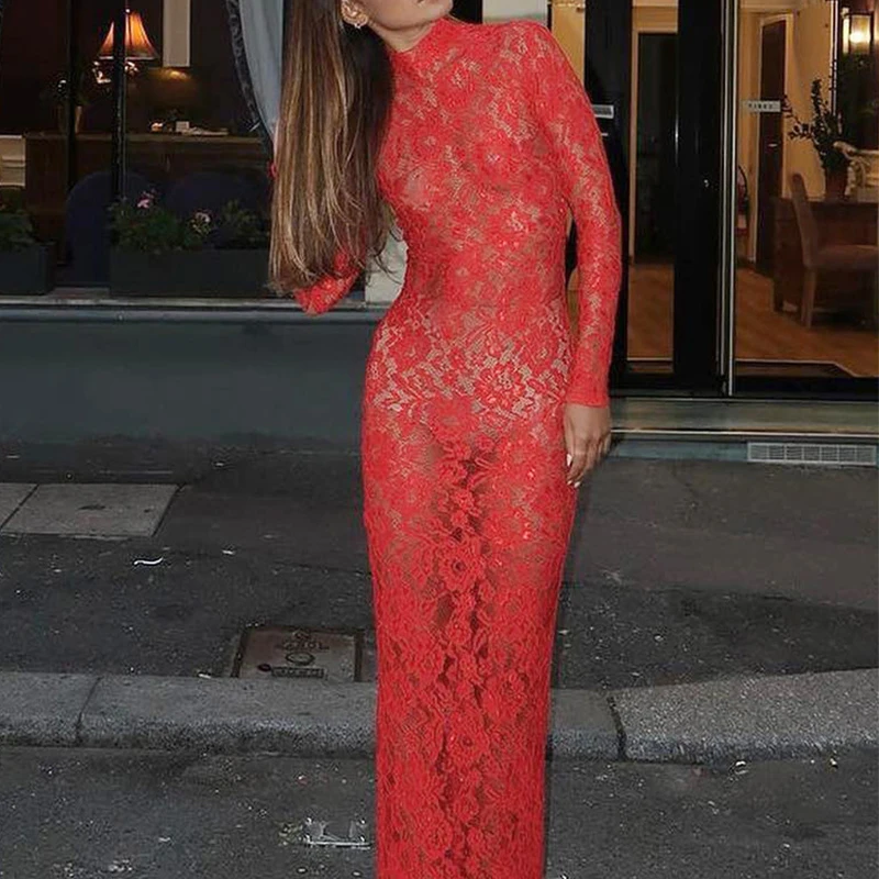 

BKLD Celebrity Red Lace Dress Women Sexy Flower Hollow Zip Long Sleeve Nightclub Lady Slim Maxi Dresses Trendy Clothes 2024 New