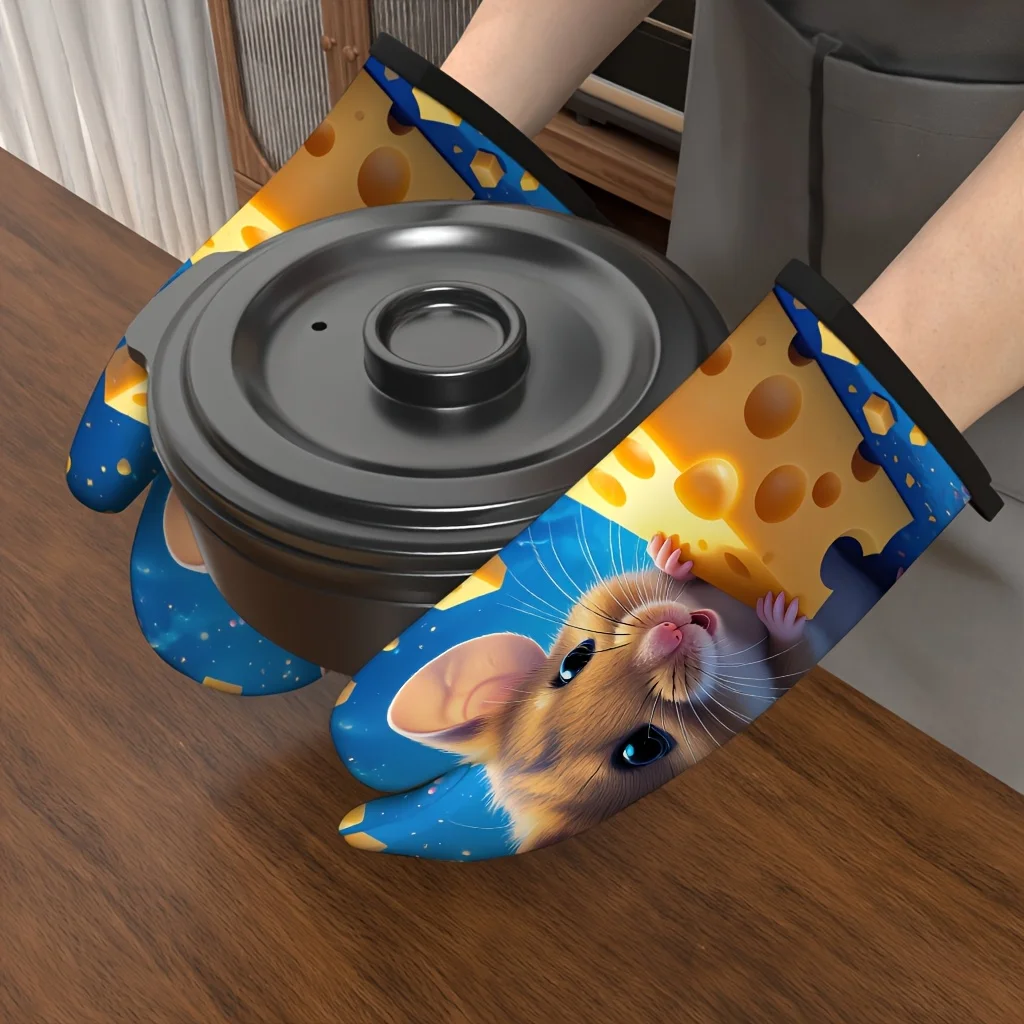 Cute Mouse with Cheese Print Oven Mitts 2-Pack Heat Resistant Polyester Kitchen Gloves for Baking Cooking