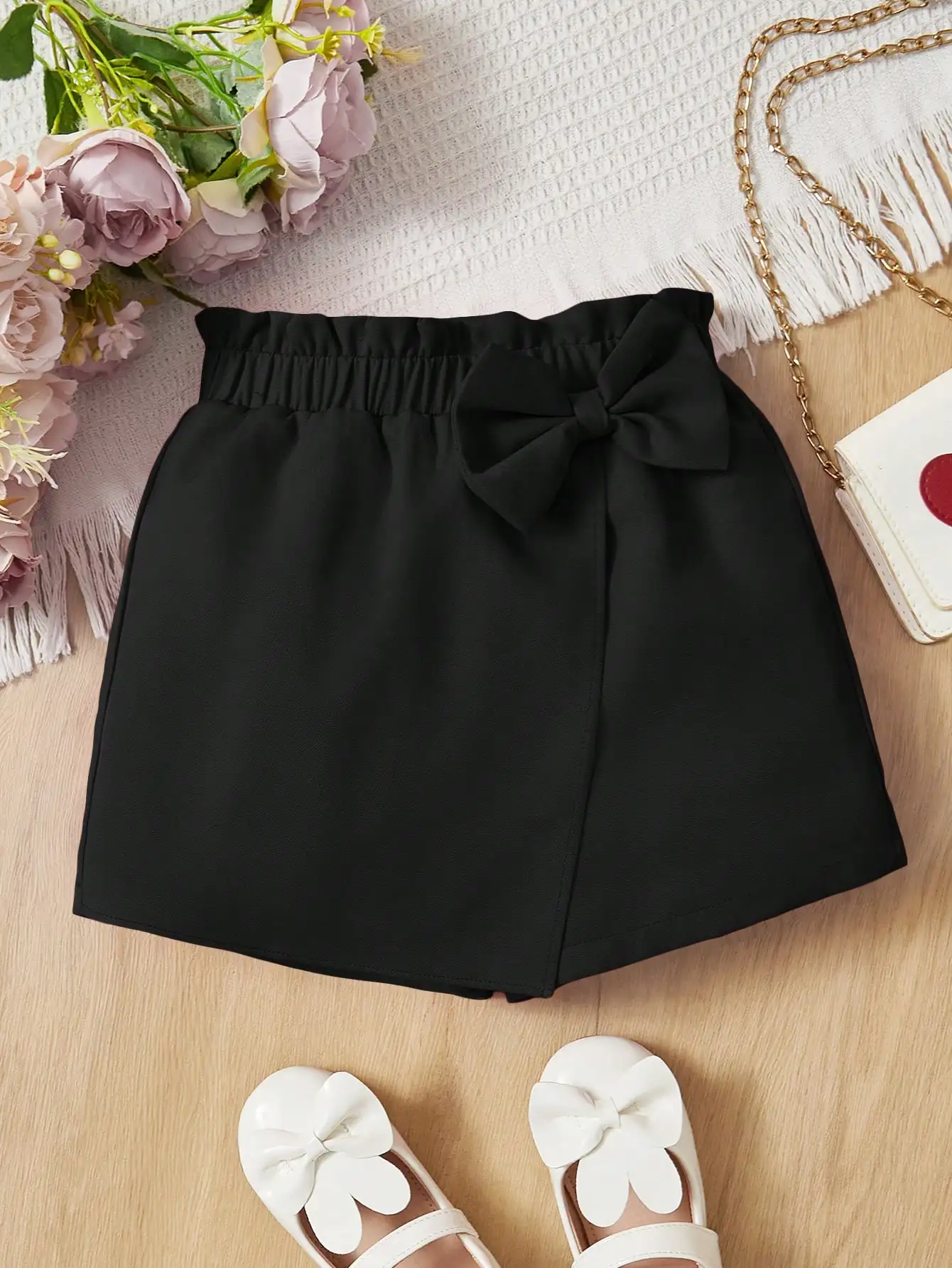 Young Girl Casual A-line Short Skirt Toddler Solid Color Paper Bag Tie Waist Bowknot Skort For Summer