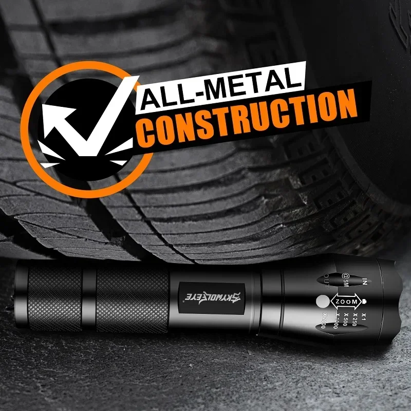 Skywolfeye Super Light Led Flashlight Set 5 Lighting Modes Zoomable Torch with 2 Slot Battery Charger for Hiking