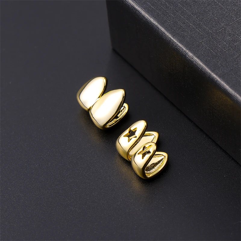 Hip Hop 2pcs Gold Plated Teeth Caps Grillz Top & Bottom Charm Grills For Men Women Jewelry Gift