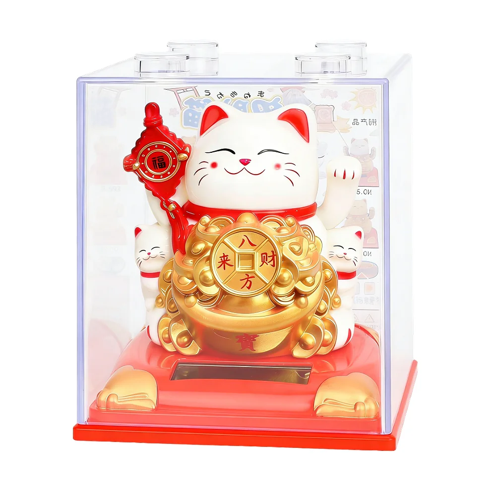 

Lucky Cat Waving Arm with Dust Cover, Solar Fortune Vivid and Lovely Chinese Cat Statue Decorations for Front Desk, Car, Busines