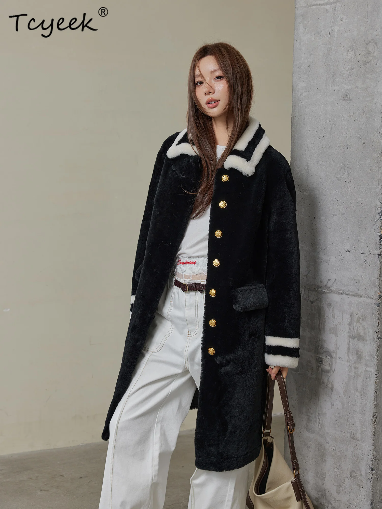 Tcyeek Herfst Winter High End Bont Een stuk Revers Losse Zwarte Casual Middellange Lengte vrouwen Lamswollen Bontjas Fourrures Femme