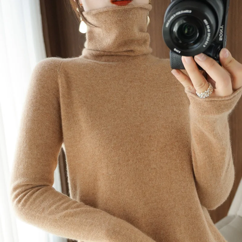 Sweter damski zimowy kaszmirowy golf ciepła dzianina koreański Casual solidna koszula z wycięciem moda swetry z dzianiny brązowy sweter