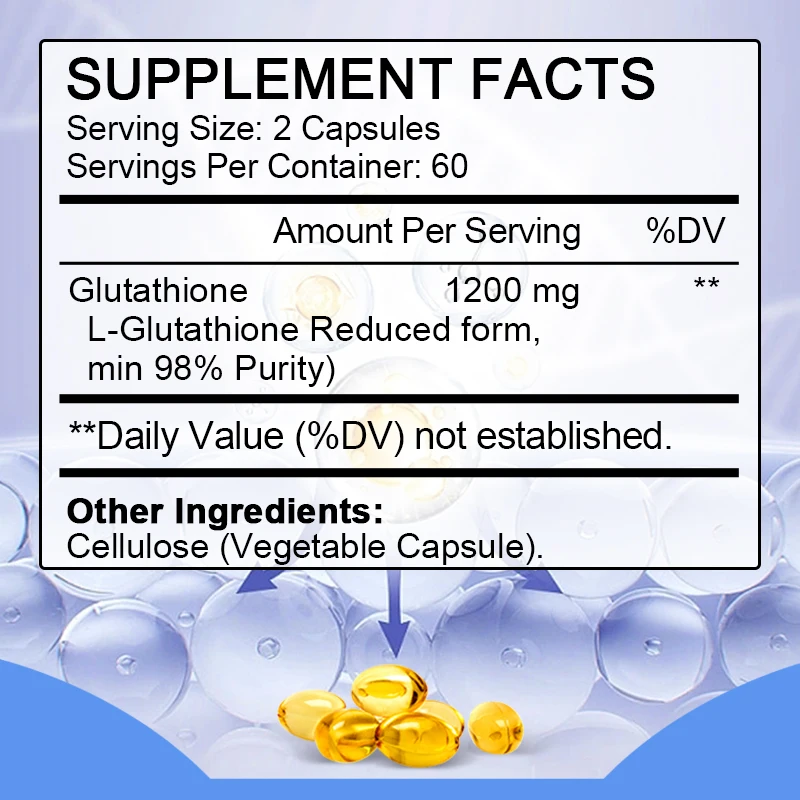 Glutathione Capsules 1,200mg Supplement, Detoxifying & Immune, Aging Defense, Energy, Glutathione Unique Formulation Reduced