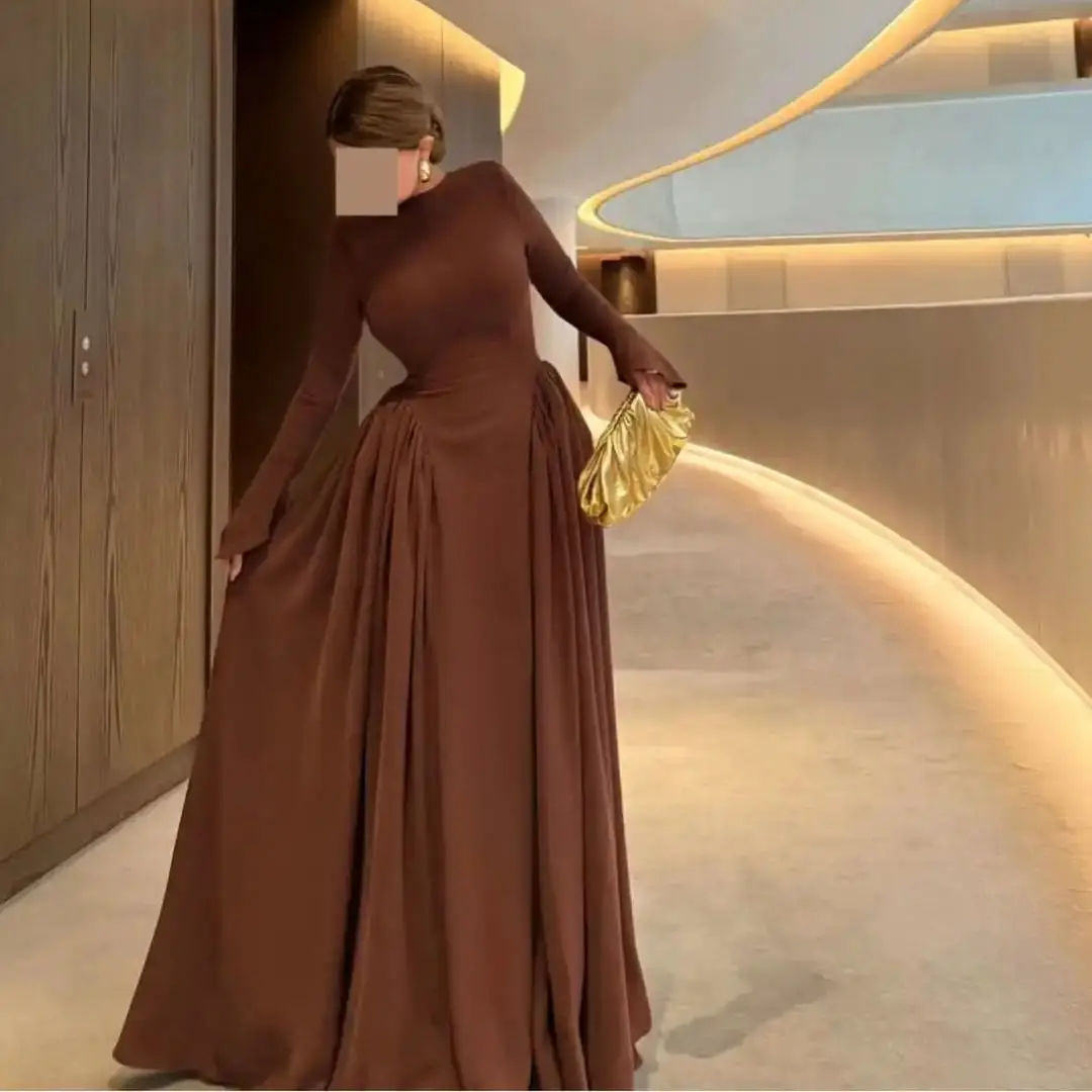 

Elegant Chocolate Fashion Trend Ball Gown Crew Neck Cutout Detail Draped Backless Satin Slim Fitting Evening Prom Party Dress