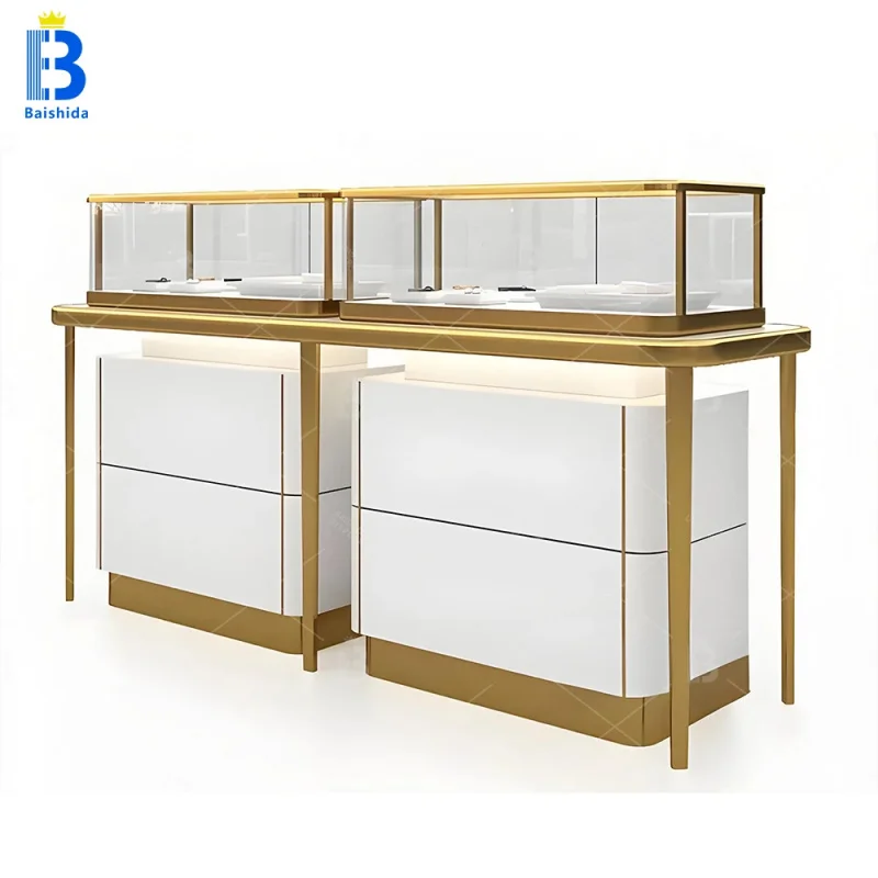 custom.Custom Retail Glass Jewelry Cabinet, LED Light Stainless Steel Showcase, Lockable Jewellery Display Stand Boutique Sh