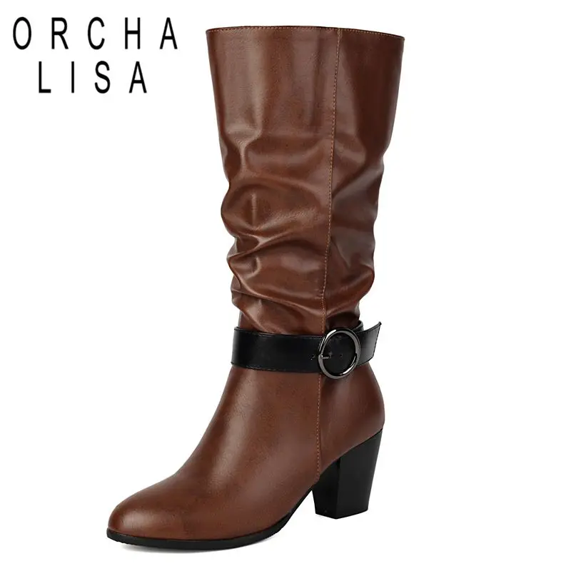 

ORCHA LISA 2025 Vintage Women Mid Calf Boots Round Toe Block Heels 6.5cm Slip On Belt Buckle Plus Size 45 46 47 48 Dating Bota