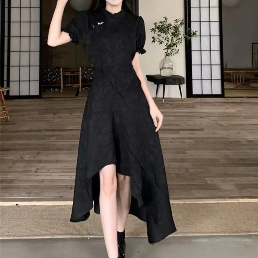 Chinese Style Cicpao Dress Modern Improved Cheongsam Assymmetrical Short Front Long Back Black Qipao Dress