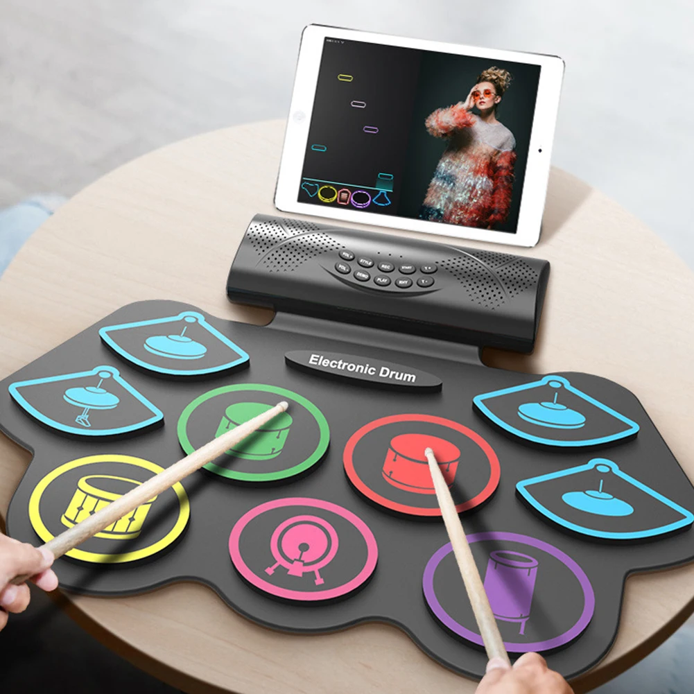 

Electronic Drum Set with Drum Sticks Pedals Portable Drum Kit BT Roll-Up Drum Practice Pad Xmas Birthday Surprise for Kids Adult