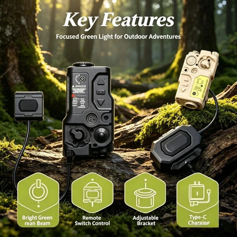 Green Beam LED Torch with Remote Switch, Bright Targeted Beam, Adjustable Bracket, Outdoor Night Trek & Camping Equipment