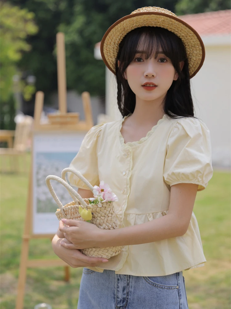 Shirts Women Summer Preppy Style Fashion Sweet Puff Sleeve Design Casual Ulzzang Fashion Aesthetic Breathable Рубашка Женская