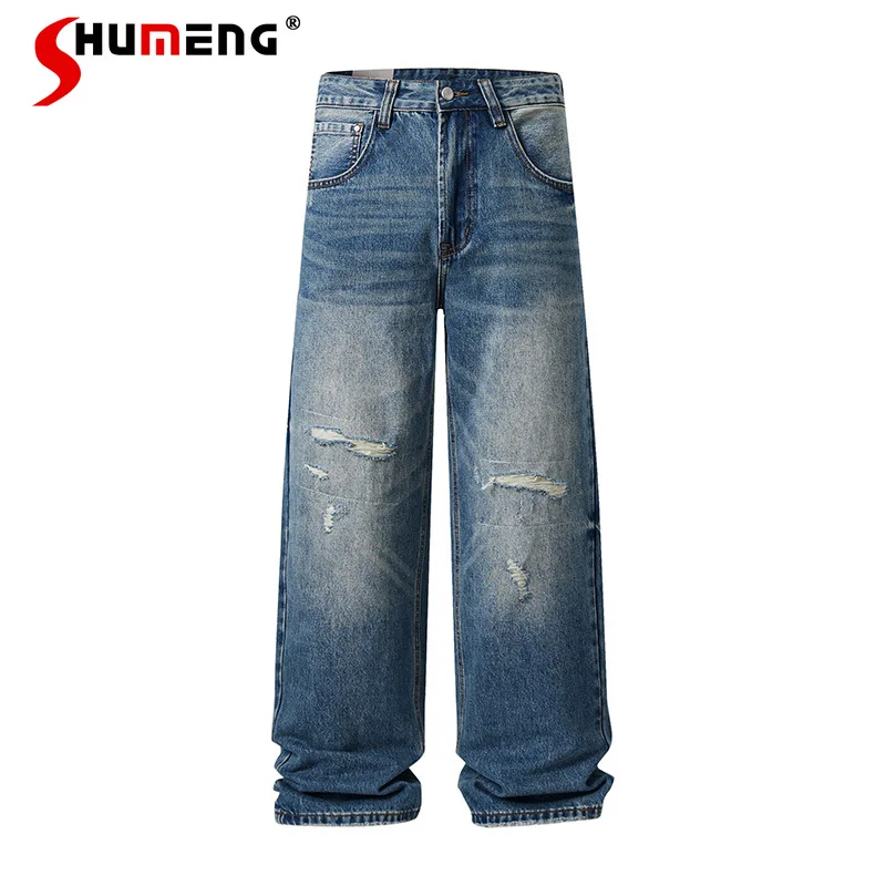 

2025 мужские осенние новые джинсы с дырками, мужские красивые стильные длинные джинсовые брюки на молнии, простые классические джинсовые брюки с карманами и украшением