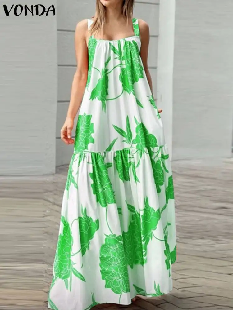 

VONDA Summer Printed Bohemian Maxi Dress 2024 Women Straps Sexy Sleeveless Long Sundress Casual Loose Ruffled Beach Vestidos