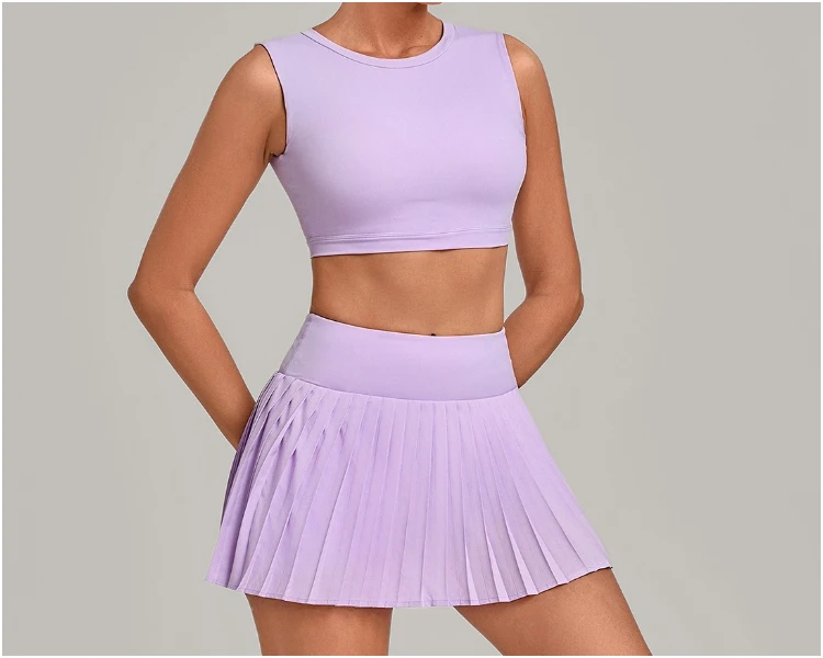 VITALINOVO Tennisrock-Sets für Damen, Rundhals-Camisole-Oberteil, passend dazu hochtaillierter, plissierter Sportrock für Damen, ideal für Tennis, Golf und Workouts – Detail 8