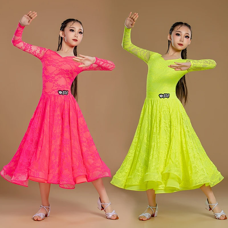 노란색 볼룸 댄스 의상 표준 현대 댄스 정장 소녀 긴 소매 레이스 성능 착용 왈츠 경쟁 드레스 VDL3491