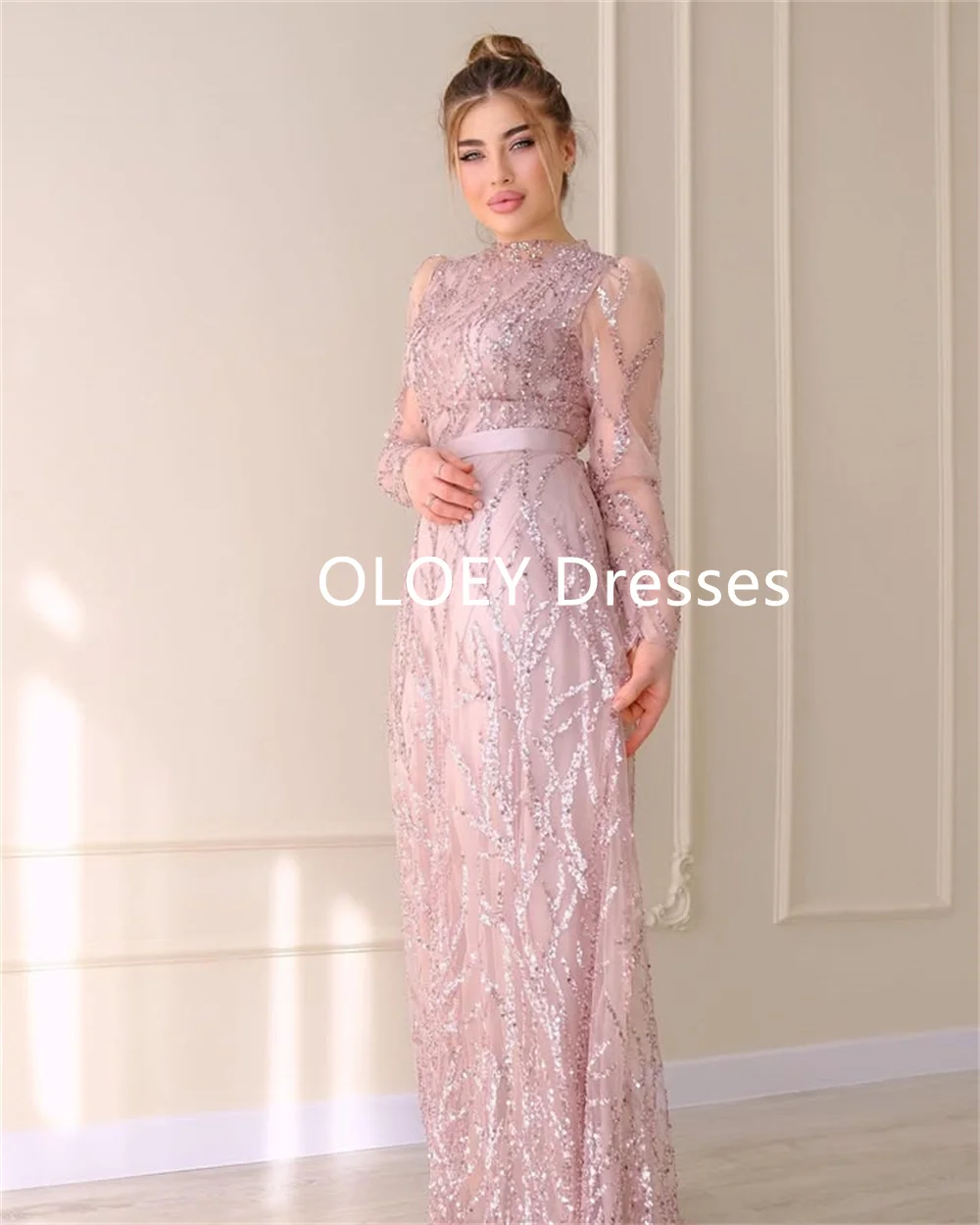 OLOEY Modest Pink O Neck Beading Eveing Dresses Puff Full Sleeves Wedding Party Gowns Customized Floor Length Formal Prom Gowns