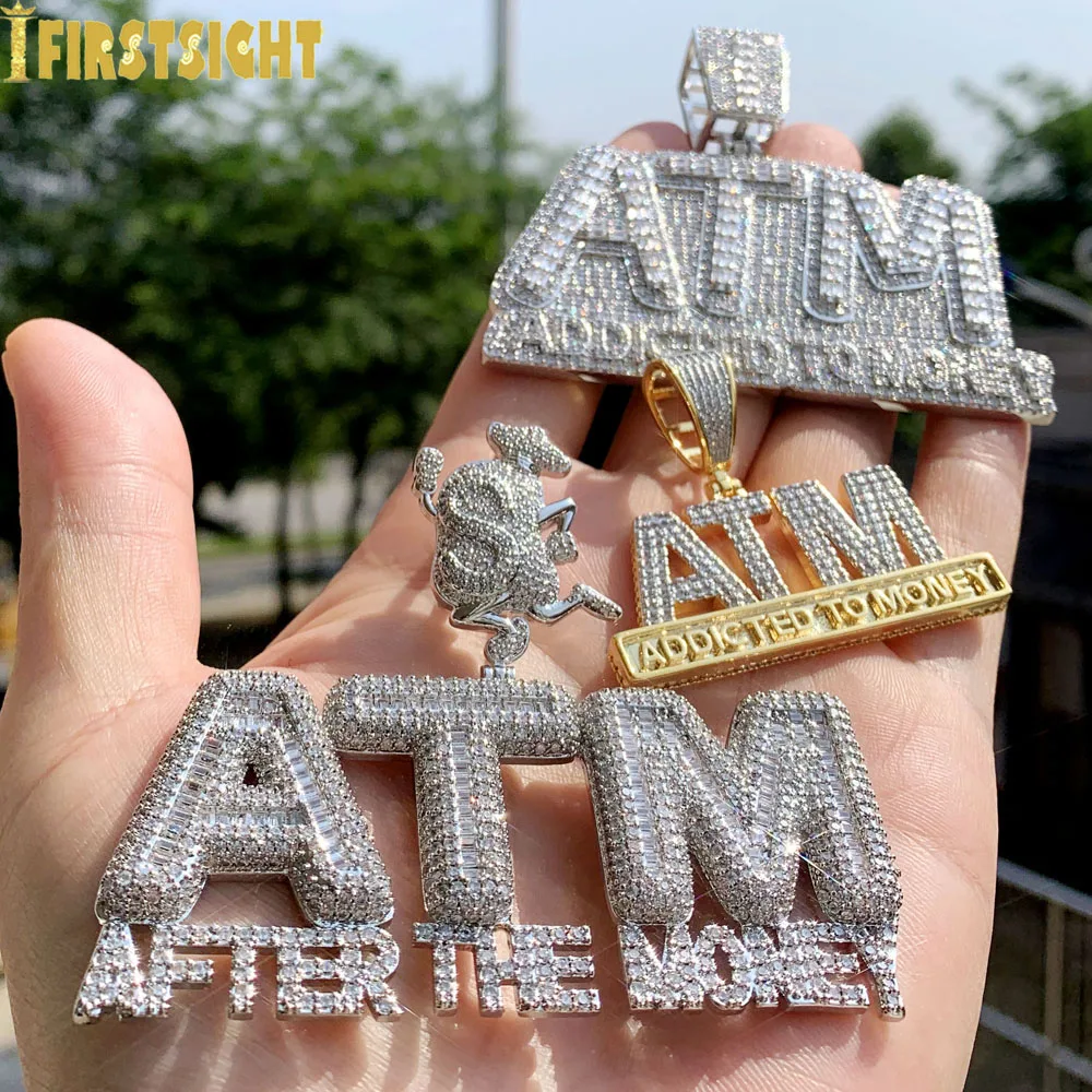 New Iced Out Bling Letters ATM Pendant Necklaces Silver Color Rectangle CZ Zircon After The Money Charm Men's Hip Hop Jewelry