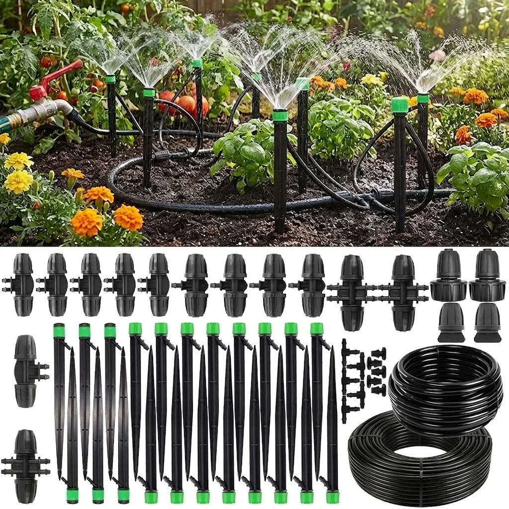Garden Drip Irrigation System with Adjustable Drip Emitters 5/16 and 1/4 Inch Irrigation Tubing and Fitting Premium Complete Set