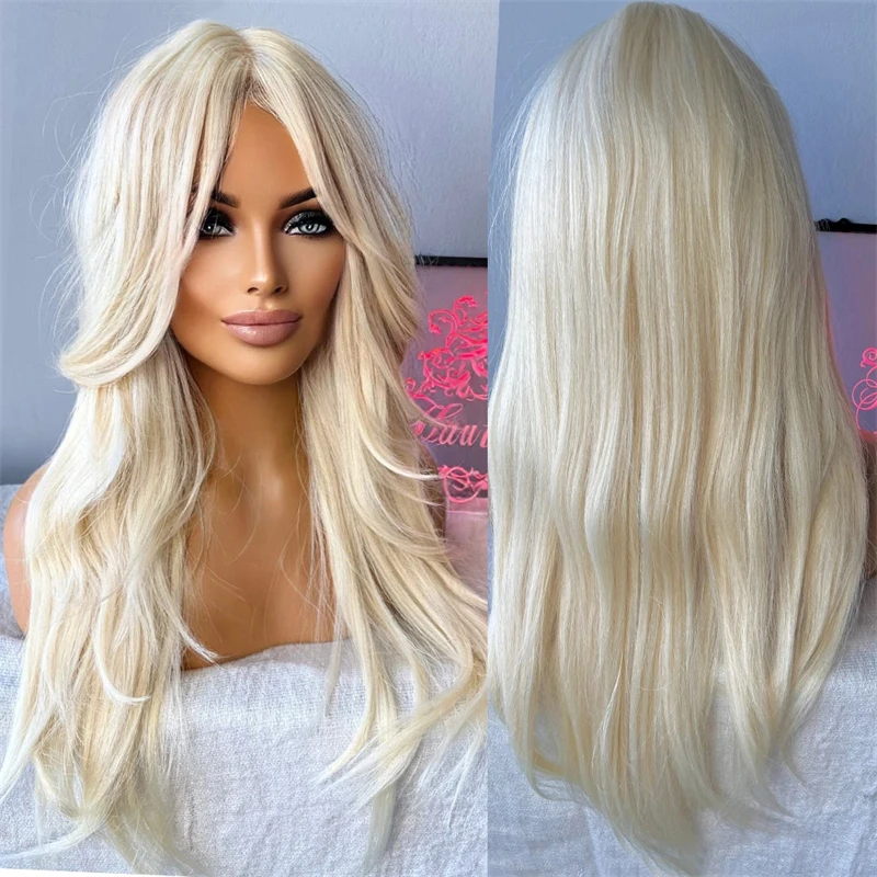 Peruca frontal de renda transparente reta natural para mulheres, cabelo sintético longo, branco gelado, loiro, venda superior