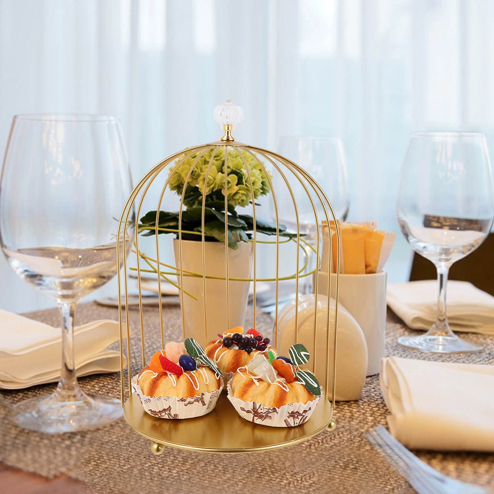 

Elegant Desktop Cake Dessert Golden Bird Cage Decor Rustic Wedding Display Cupcake Tower serving desserts ornate shielf