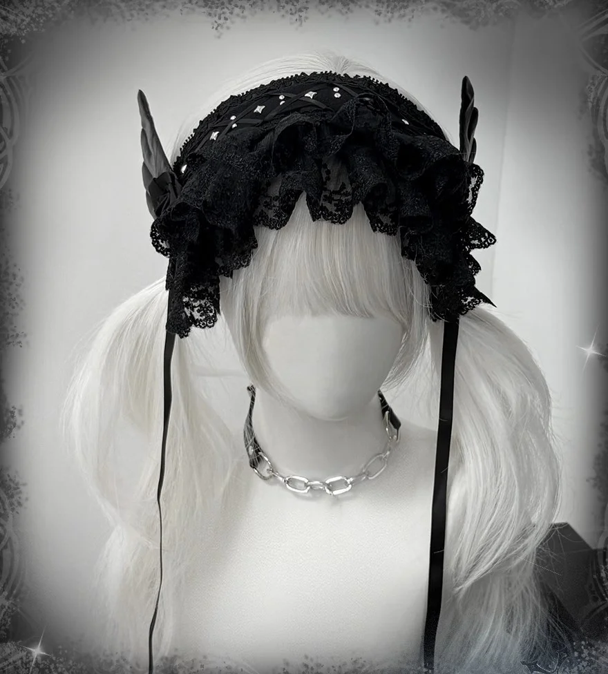 Nuovo originale Y2K nero gotico rivetto fascia ali gotiche scure copricapo Lolita cosplay pizzo sottocultura fascia