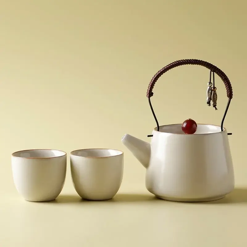 ベージュ色のru窯製功夫茶器セット、1ポット2カップ、クラックル釉薬付き、小型一人用セット、ベルカップ付き、家庭、オフィス、ホテル、パーティー用