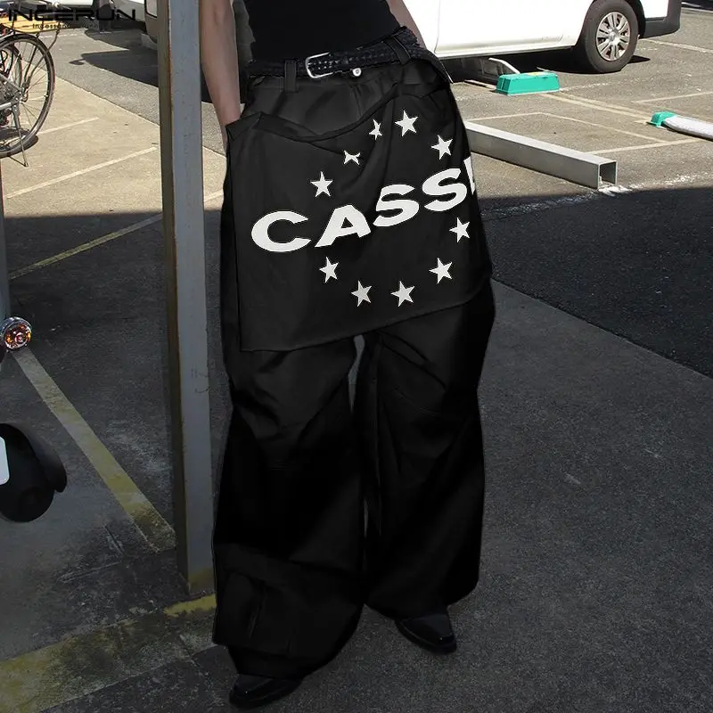 INCERUN الرجال السراويل الطباعة المرقعة زر ركض السراويل الرجال الشارع الشهير فضفاض موضة عادية الذكور السراويل الطويلة شخصية