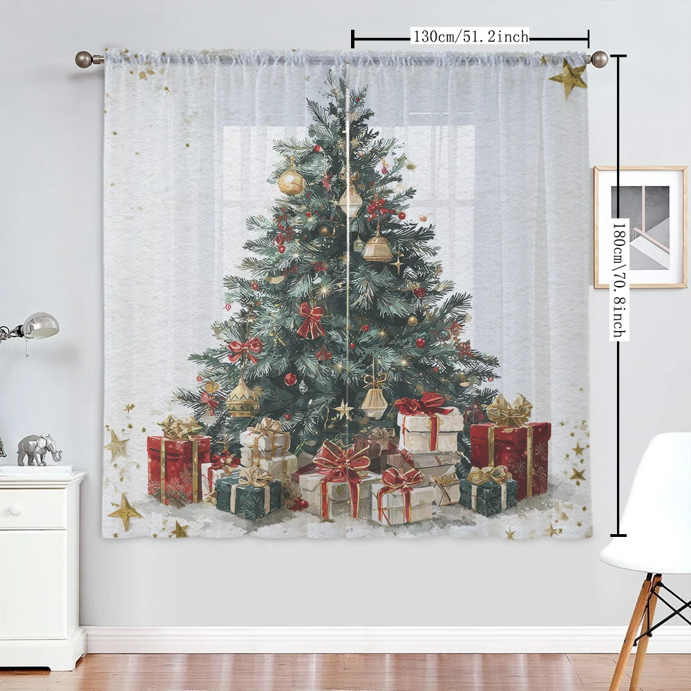 2Pcs Golden Globe Christmas Tree And Gift Box Print Home Decoration Window Screens Suitable For Coffee Shop, Restaurant
