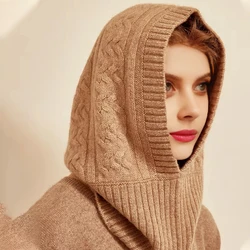Unisex 100%Wool Knitted Balaclava Winter Ear Face Neck Protect One-Piece Scarf Hat Soft Warm Hooded Beanies Twist False Collar