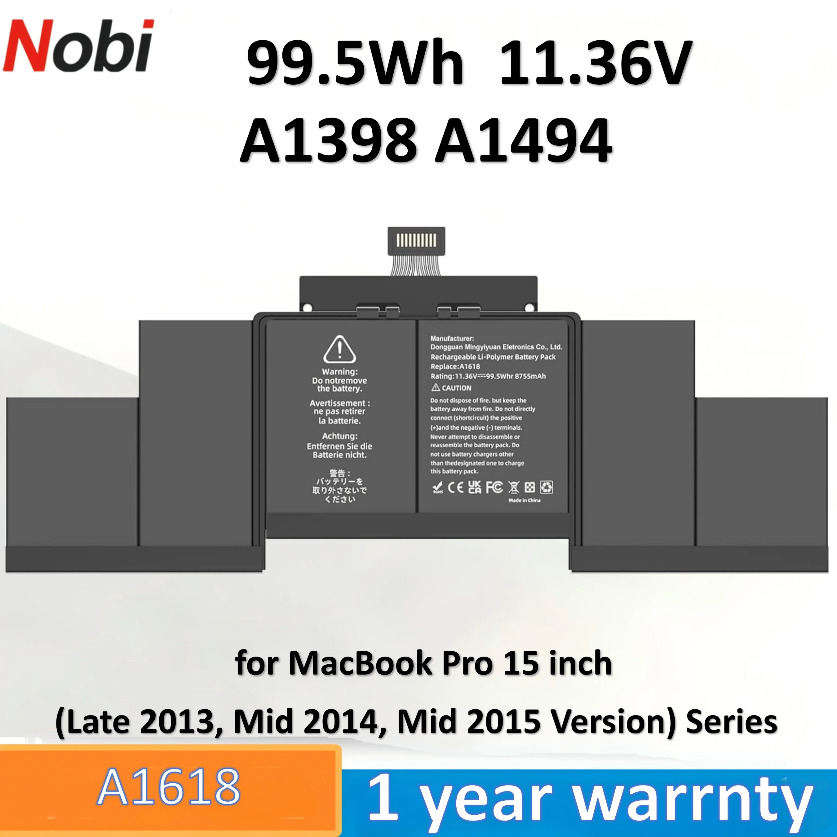 Nobi A1618 A1398 A1494 Laptop Battery compatiable with for MacBook Pro 15 inch (Late 2013, Mid 2014, Mid 2015 Version) Series
