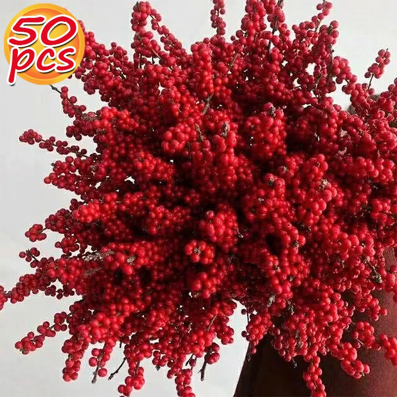Venta al por mayor de bayas rojas de Navidad, bayas rojas artificiales, tallos, ramas, coronas DIY, adornos de árbol de Navidad, decoración de exhibición de fiesta