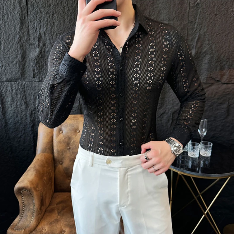 2024 Autumn Slim Lace Hollow Out Long Sleeved Shirt for Men Casual Social Nightclub Sexy Shirt Stage Performance Costumes