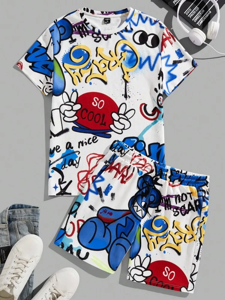 3D Graffiti Print Men's Fashion Short Sleeve Shorts Set Summer Casual Everyday Men's T-shirt Outdoor Street Men's Beach Shorts