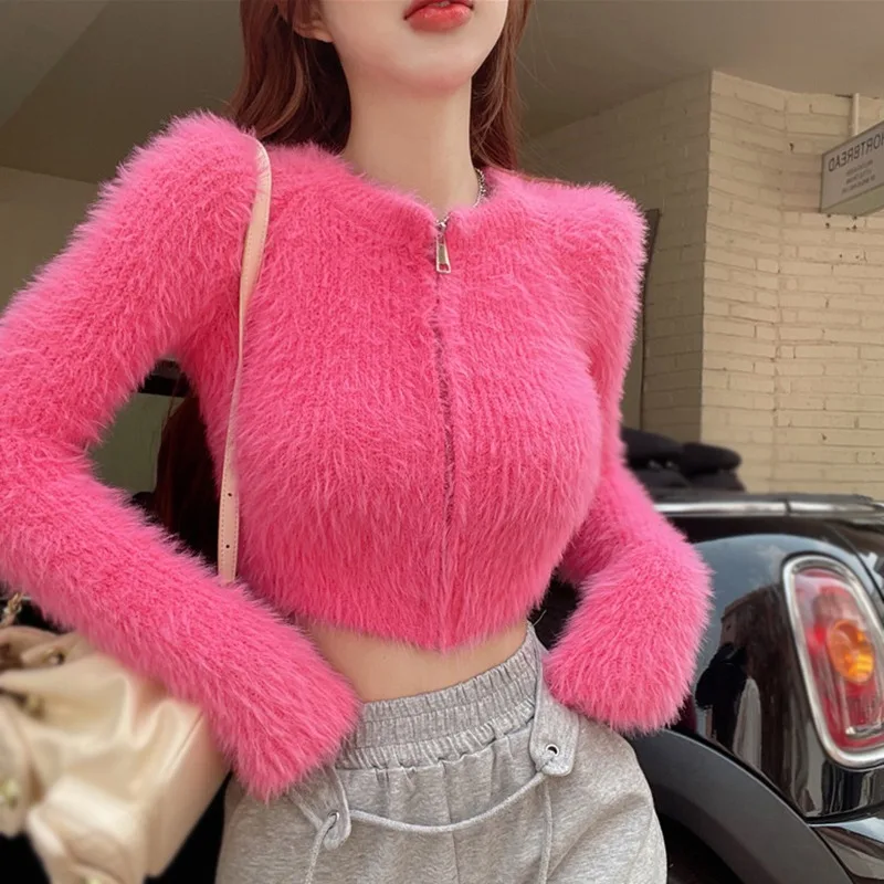 Autumn Winter Coat Women\'s Sweater Top Knitted Cardigan Plush Off Shoulder Short Style Gentleness Mink Solid Color Zipper Design