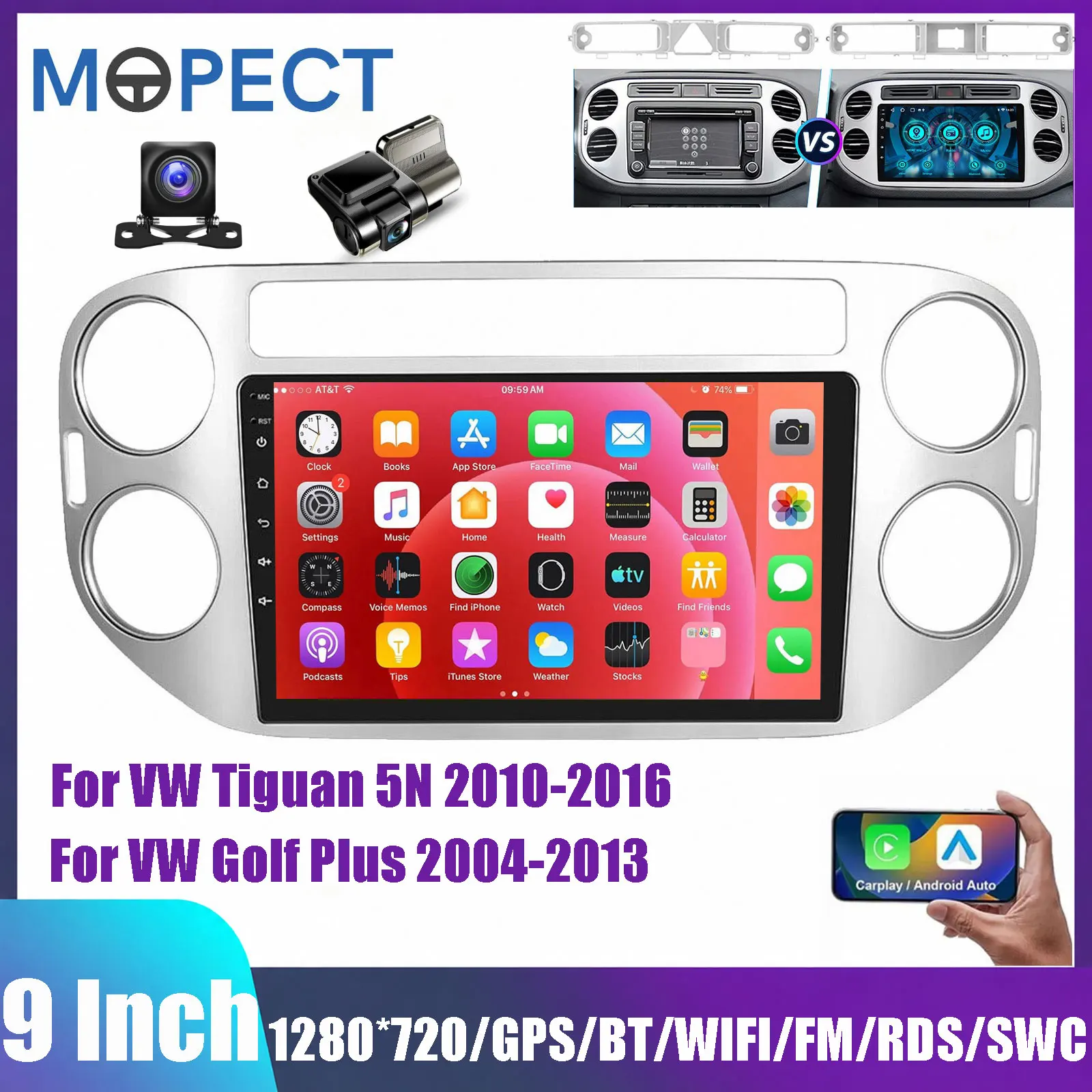MOPECT 9'' Autoradio Stereo für VW Tiguan SN 2007-2016/VW Golf Plus 2004-2013, kabelloses Carplay, Android Auto, Multimedia-Videoplayer, Touchscreen, 2DIN-Headunit, 6+128G, 4G WIFI, BT,