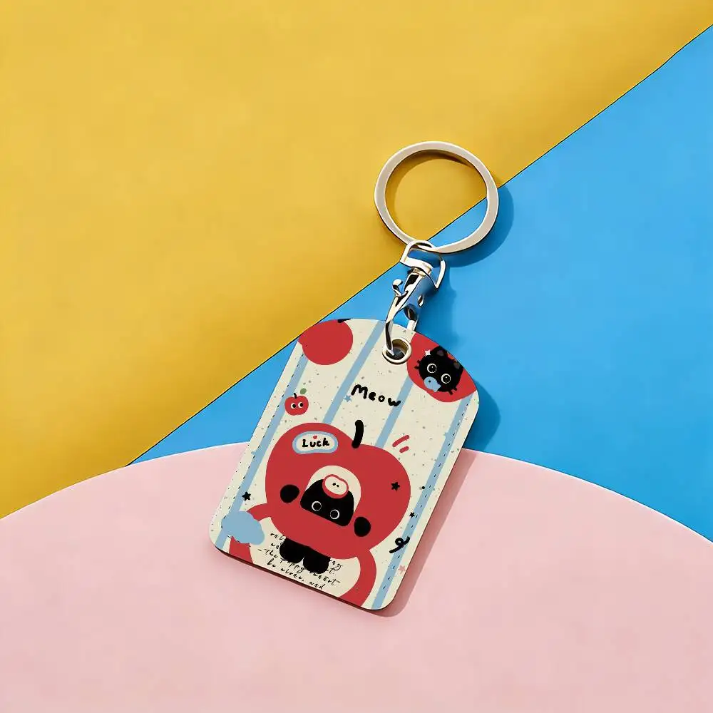 Cartoon Black Cat Cute Card Holder With Keychain Executive Protection For Bank Credit Subway Bus Case