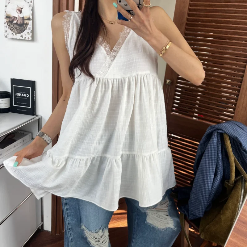 

Korean Style Summer New Lace Trim Splice Vest Dress Pure Color Short Skirt Women's Fashionable Elegant Dress for Ladies