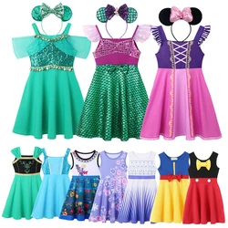 Disney Girls Daily Summer Dresses For Kid 2024 Ariel Dress Rapunzel Princess Jasmine Cute Casual Costume Kids Cotton Dress