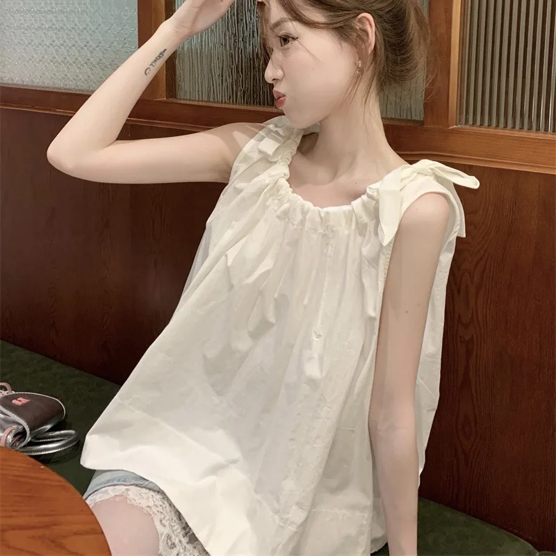Women's Gathered Sleeveless Camisole Top, Round Neck Loose-Fit Babydoll Blouse, Casual Flowy Tank Top for Summer