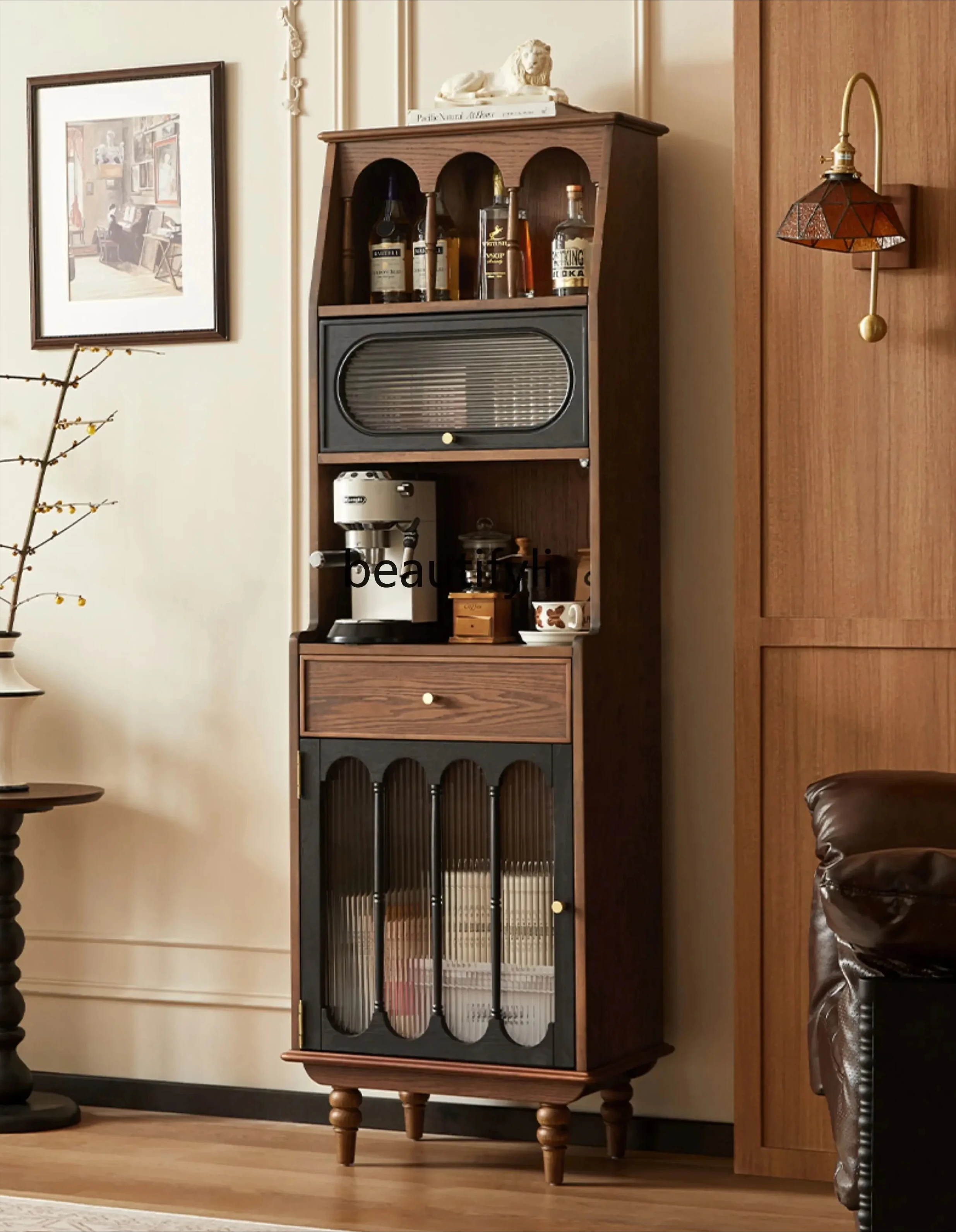 

French medieval display living room against the wall dining side cabinet narrow side high cabinet solid wood wine cabinet