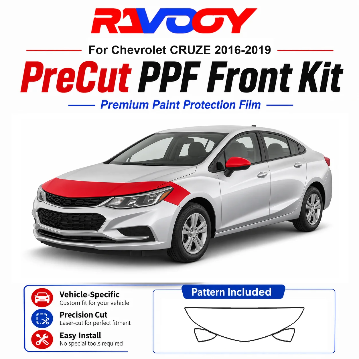 

8.5mil TPU Precut PPF Kit For Chevrolet CRUZE 2016-2019 - Hood, Fenders & Mirror Set - Self-Healing Clear Bra Film