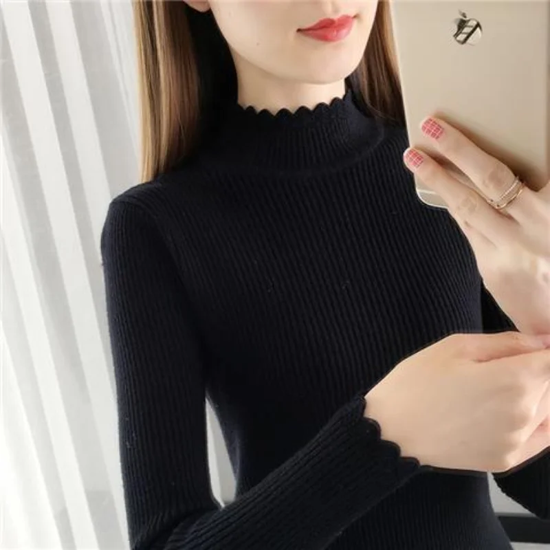 Women\'s Autumn and Winter New High Neck Pullover Bottom Shirt Commuter Fashion Casual Solid Versatile Sweater Long Sleeved Tops