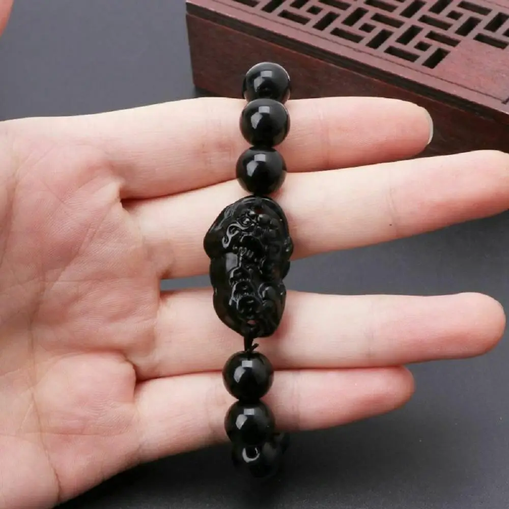 Fashion Unisex Women Pixiu Feng Shui Attract Wealth Good Luck Bangle Bracelets Obsidian Stone Beads Wristband