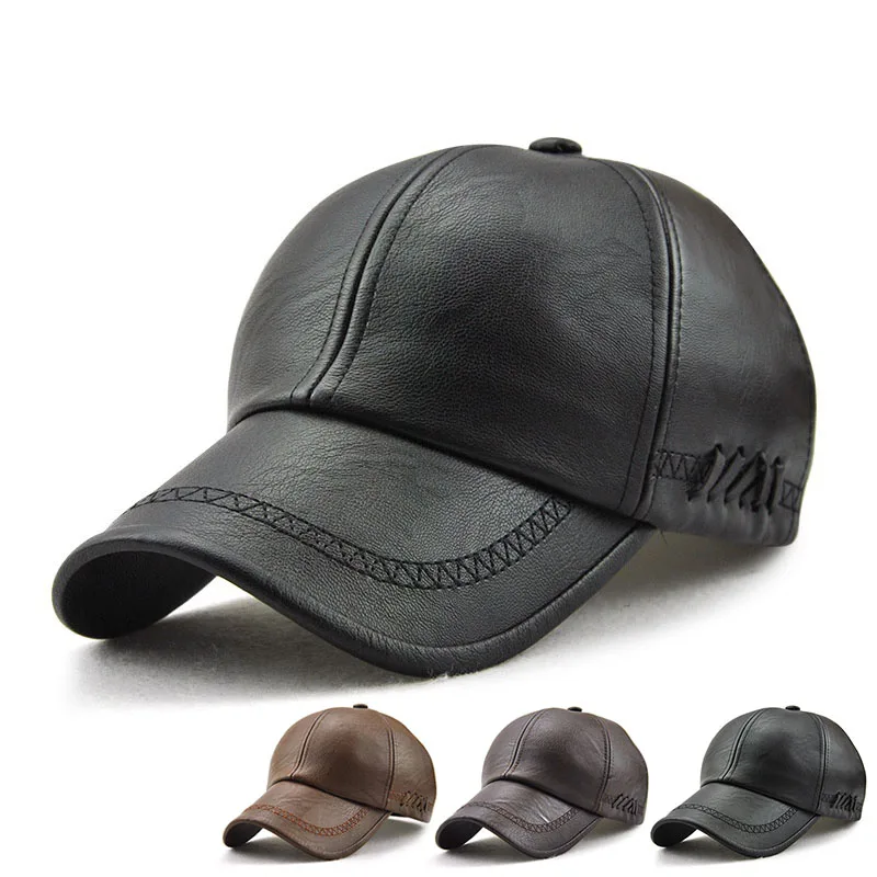 Mens Pu Leather Baseball Caps Spring and Autumn Outdoor Adjustable Casual Hats Sunscreen Hat