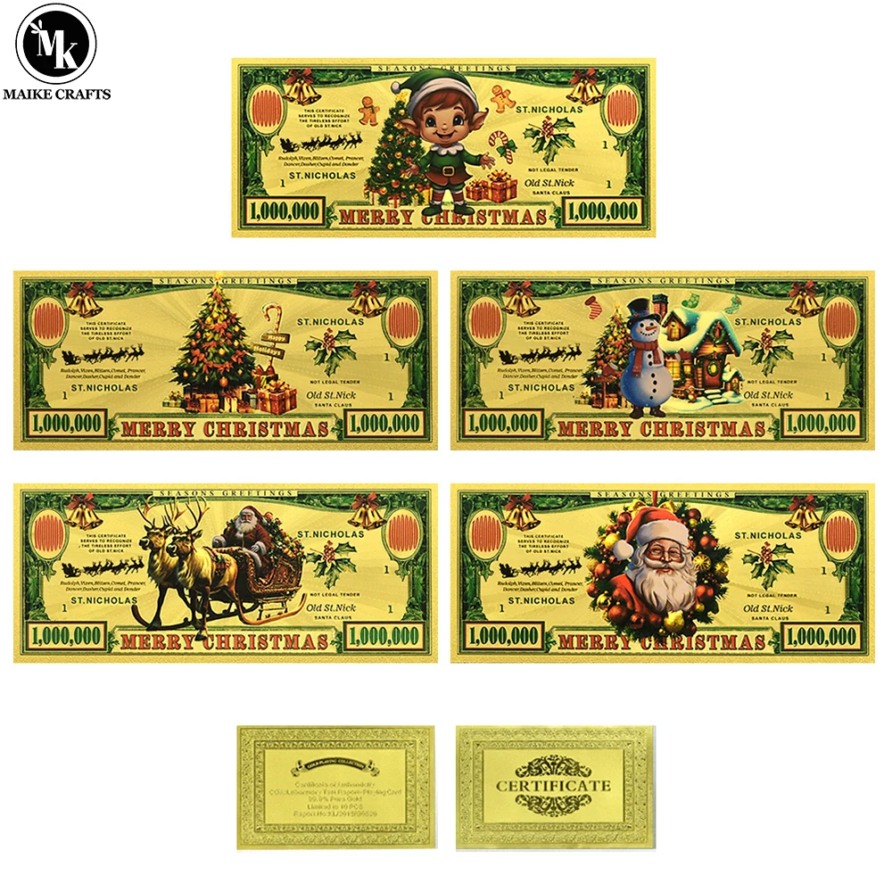 

Christmas Gold Foil Banknotes 1,000,000 Dollar Merry Christmas Money | Santa Elf Snowman Reindeer Design for Gift & Party Decor