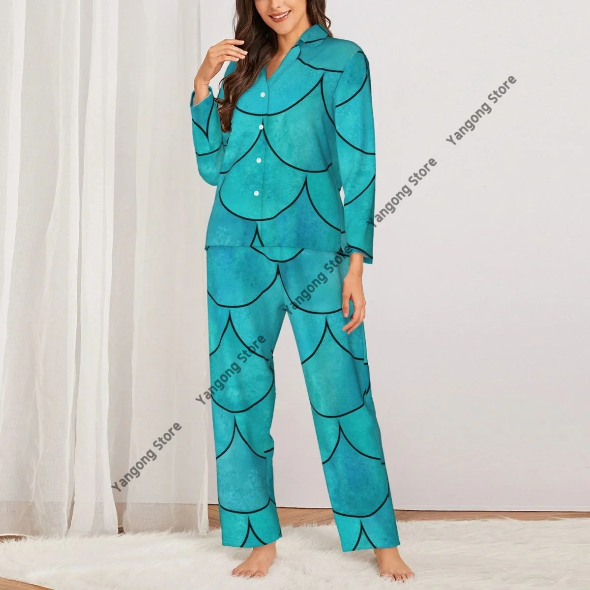 Spring and Autumn Long Sleeve Pants Pajamas Set Bright Teal Mermaid Fish Scale Wave Women's Pull Edge Loose Sleeping Suit