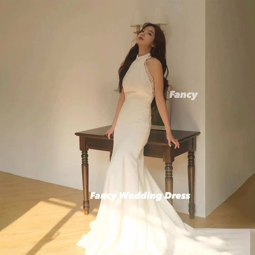 Fancy High Quality Lace Korea Wedding Dress Mermaid High Neck Evening Dress Back Zip Ball Bridal Gown Robes Customized