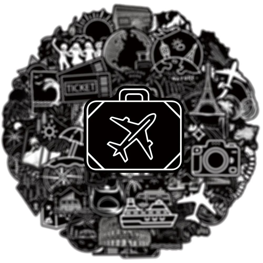 

10/30/50pcs Black White Cartoon Outdoor Travel Holiday Stickers Cool Vacation Camping Decals DIY Laptops Luggages Vinyl Sticker